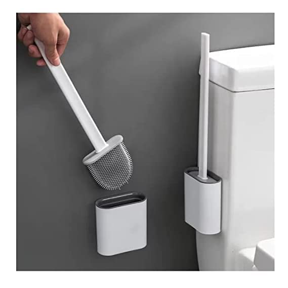 Maxxlite Silicon Toilet Brush White Color with Wall mounting Sticker Slim Holder Flex Toilet Brush Anti-drip Set Toilet Bowl Cleaner Brush, No-Slip Long Handle Soft Brush