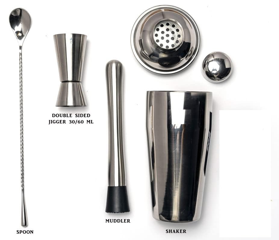 Maxxlite Bar Food Grade Stainless Steel 750ML Shaker, Stirrer, Spoon and 15/30ML Measuring Cup Cocktail Bartender 4 Piece Set Boxed (Boxes can be Different)