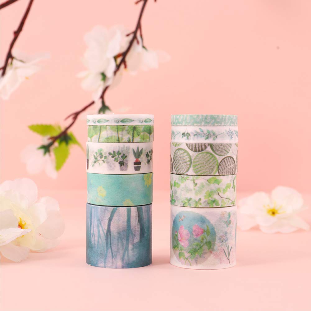 Maxxlite 10 Rolls Washi Tape Set, Scrapbook Printing Masking Self Adhesive Tape Decorative Craft Supplies (Green)