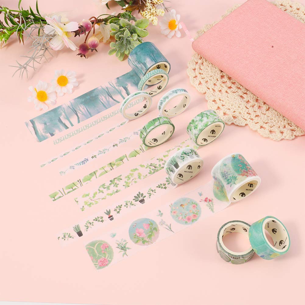 Maxxlite 10 Rolls Washi Tape Set, Scrapbook Printing Masking Self Adhesive Tape Decorative Craft Supplies (Green)