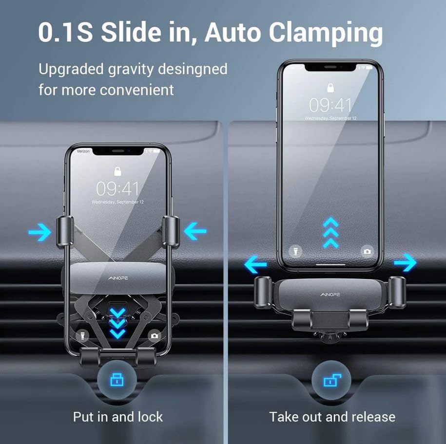 Maxxlite Gravity Phone Holder for Car, Air Vent Phone Holder with Hook Like Clips Hand Free Automatic Car Phone Mount Auto-Clamping Cell Phone Car Mount for All Smartphone