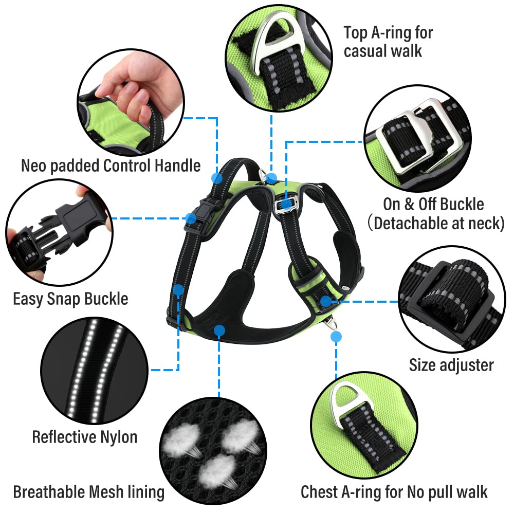 Maxxlite Pet Belt for Dog - 3M Night Reflective Dog Harness - 4 Adjustable Buckles - Chest (Min 17 - Max 22" inches) (Small, Neon Green)