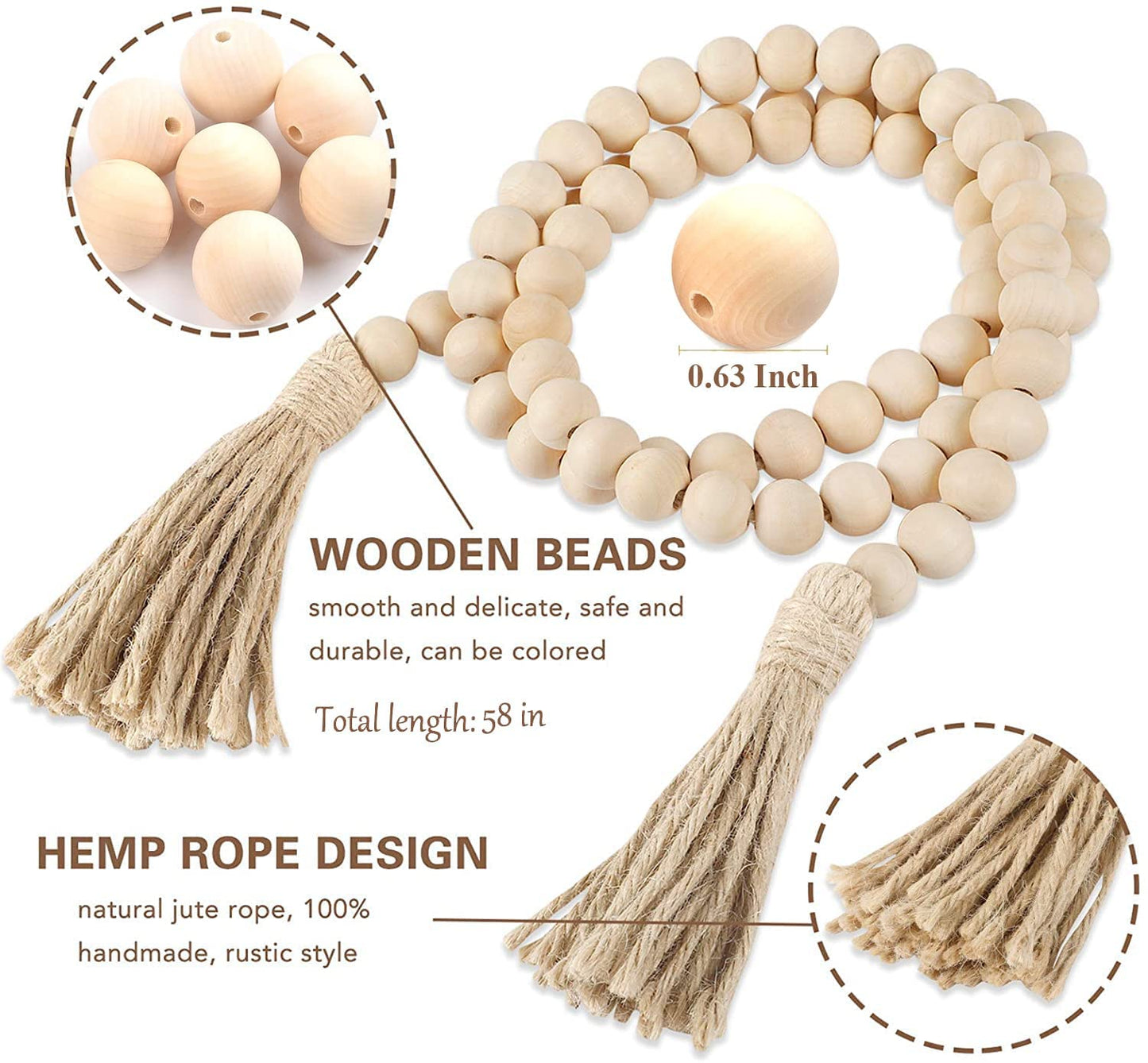 Maxxlite Wood Beads Garland with Tassels 58in Farmhouse Beads Boho Beads Decor Entry Table Decor Christmas Tree Decor Pack of 1