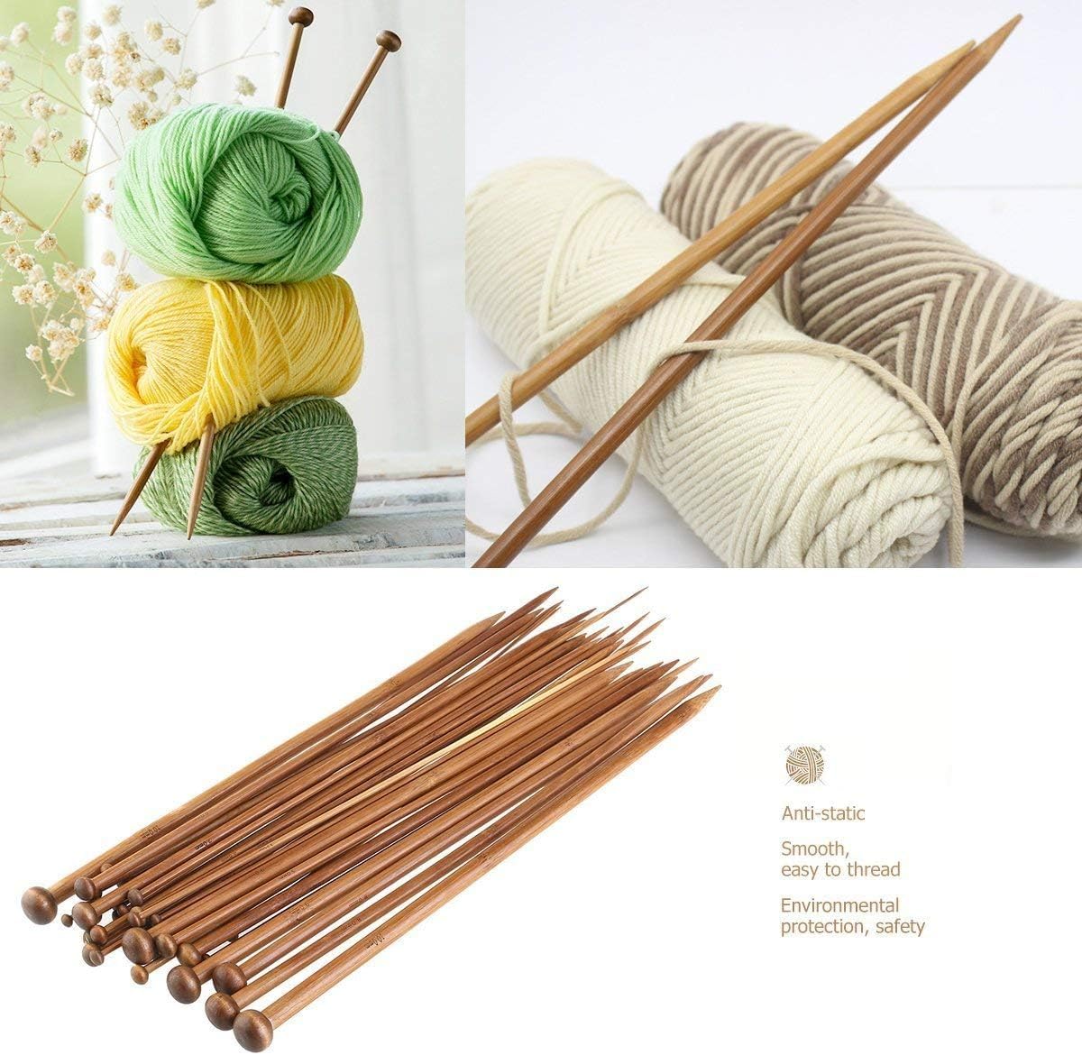 Maxxlite 36 pcs 18 Size Wood Knitting Needle Set 25cm or 35 cm Small to Large 2-10mm, Sturdy Round Blunt Yarn Knitting Needles Tool Kit