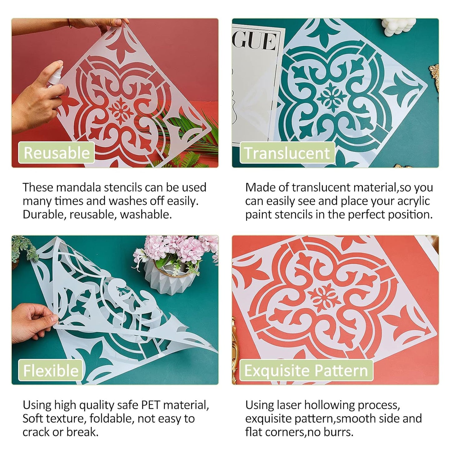 Maxxlite 4 Pieces Mandala Reusable Stencils 12 x 12 Inches Wall Templates Tile Pattern Stencils Mandala Drawing Templates for DIY Scrapbooks Wall Floor Home Decors