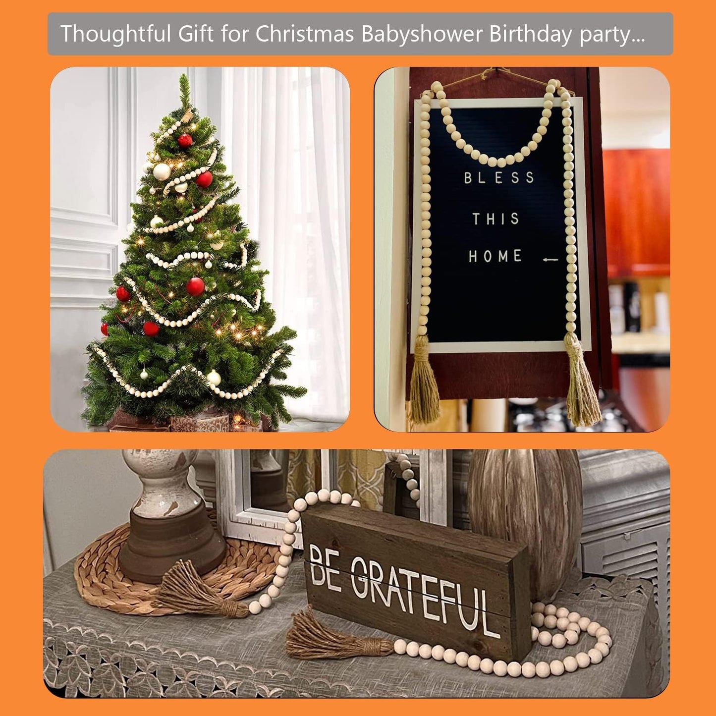 Maxxlite Wood Beads Garland with Tassels 58in Farmhouse Beads Boho Beads Decor Entry Table Decor Christmas Tree Decor Pack of 1