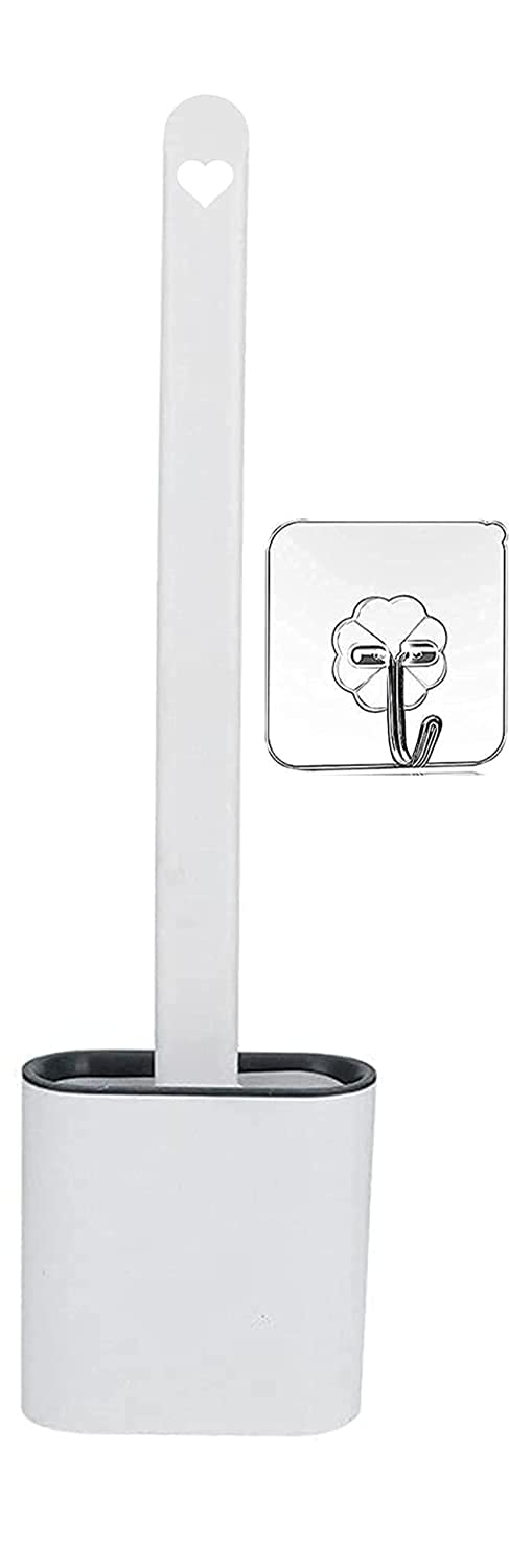 Maxxlite Silicon Toilet Brush White Color with Wall mounting Sticker Slim Holder Flex Toilet Brush Anti-drip Set Toilet Bowl Cleaner Brush, No-Slip Long Handle Soft Brush
