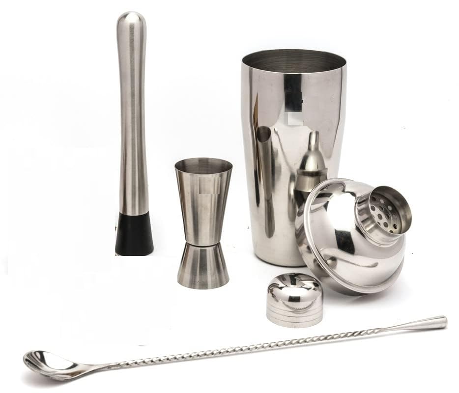 Maxxlite Bar Food Grade Stainless Steel 750ML Shaker, Stirrer, Spoon and 15/30ML Measuring Cup Cocktail Bartender 4 Piece Set Boxed (Boxes can be Different)