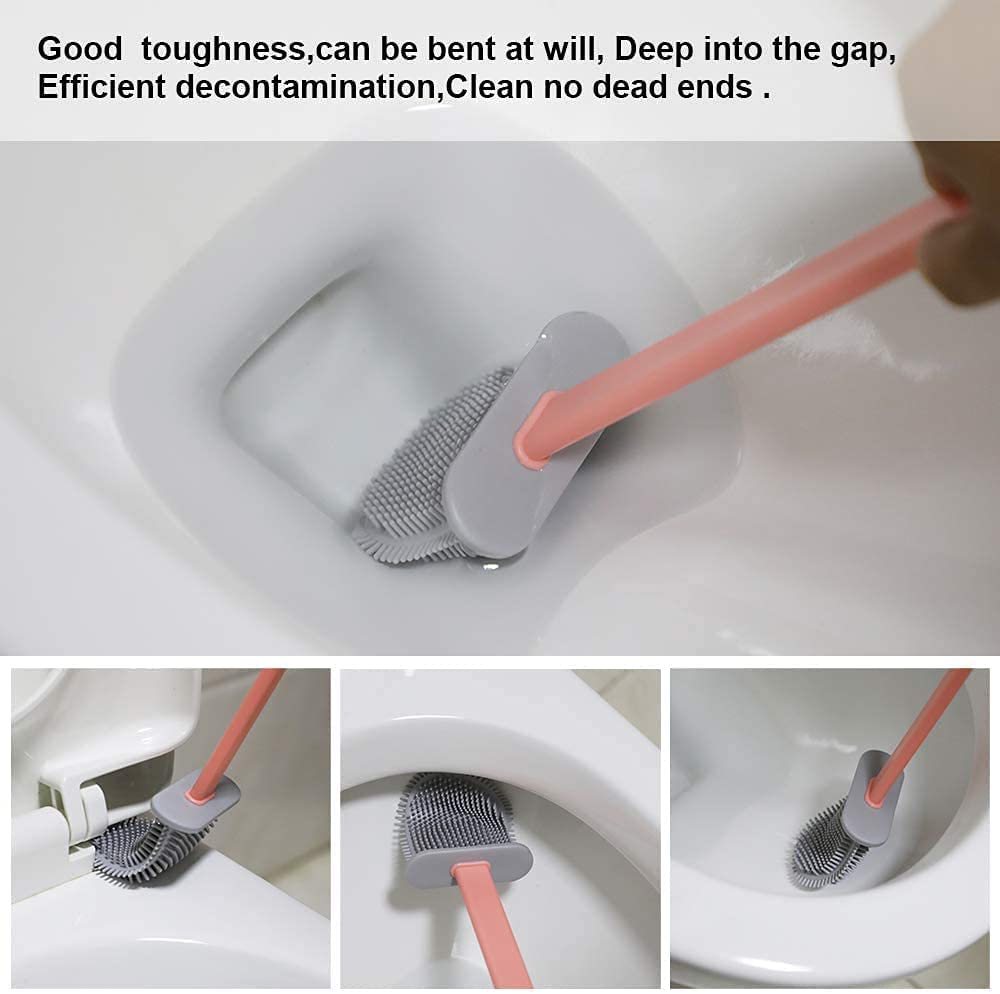 Maxxlite Silicon Toilet Brush White Color with Wall mounting Sticker Slim Holder Flex Toilet Brush Anti-drip Set Toilet Bowl Cleaner Brush, No-Slip Long Handle Soft Brush