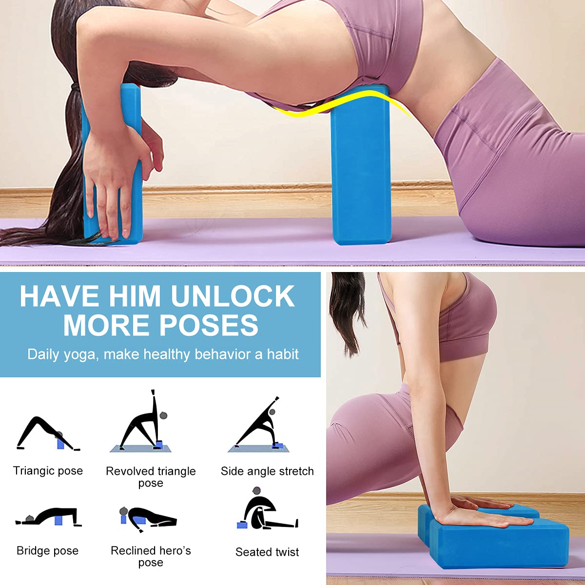 Maxxlite Yoga Blocks EVA Foam Block to Support and Deepen Poses, Improve Strength and Aid Balance and Flexibility 2 in 1 Set (Blue)