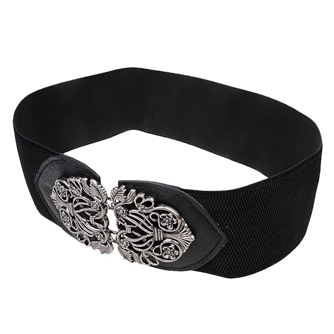 Maxxlite Womens Ladies PU Leather Wide Embellished Elastic Buckle Waist Belt- Black