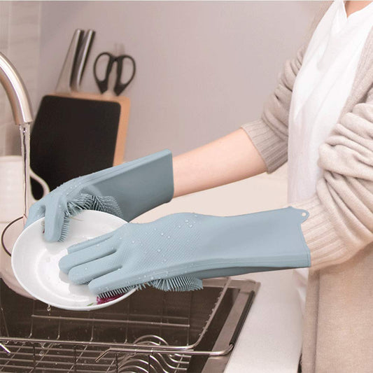 Maxxlite Silicone Reusable Heat Resistant Gloves with Wash Scrubber Kitchen Tool for Cleaning, Dish Washing, Washing The Car, Pet Hair Care -Pack of 1 Pair (Grey Color)