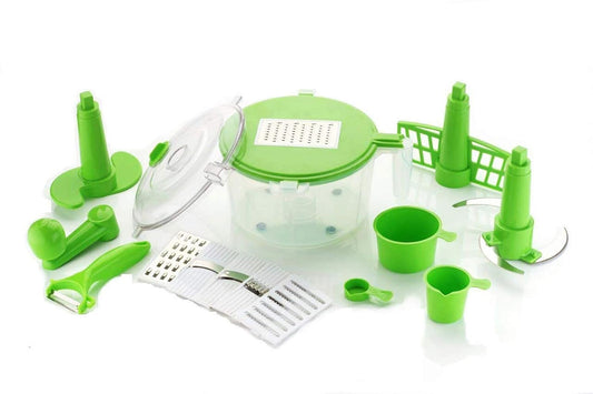Maxxlite Industries Plastic 10 in 1 Dough/Atta Maker Vegetable Cutter Beater/Churner,Grater, Slicer, Dicer (Green)