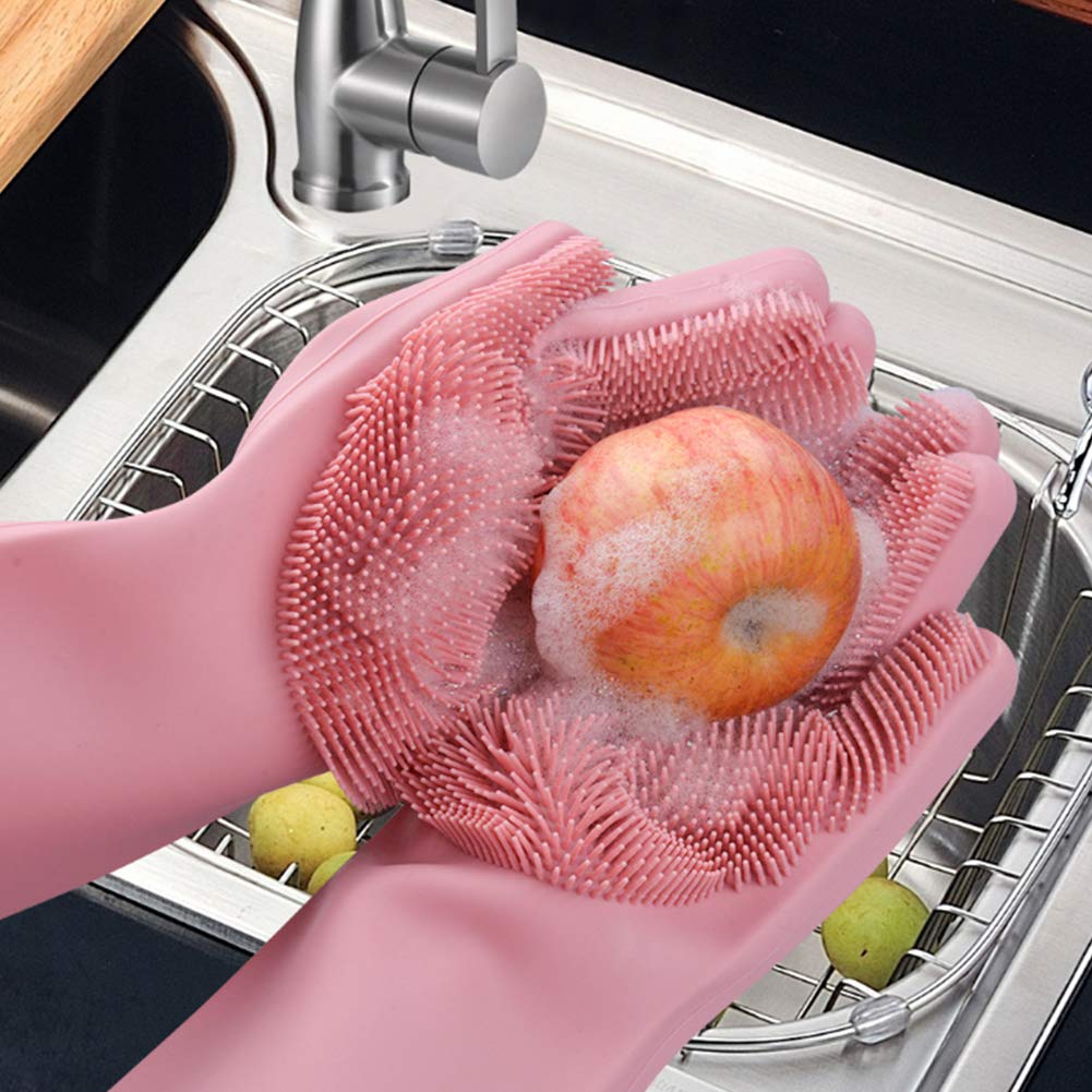 Maxxlite Silicone Dishwashing Multi-Function Reusable Scrubber Cleaning Gloves with Bristles for Kitchen/Bathroom/Pet (Pink, 1 Pair)