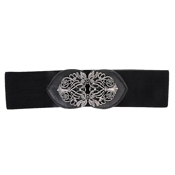 Maxxlite Womens Ladies PU Leather Wide Embellished Elastic Buckle Waist Belt- Black