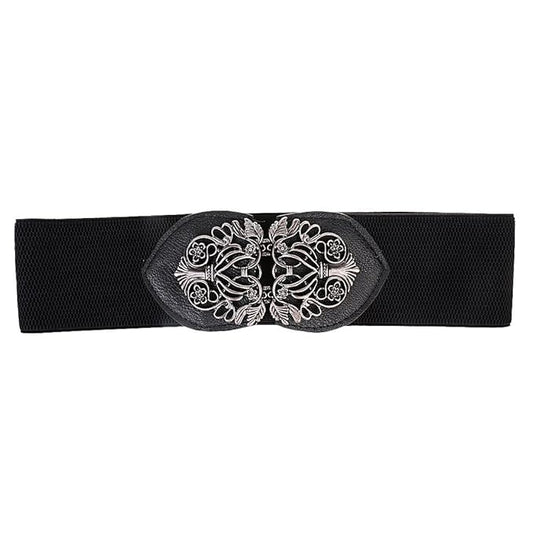 Maxxlite Womens Ladies PU Leather Wide Embellished Elastic Buckle Waist Belt- Black