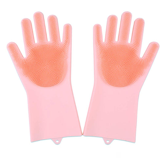 Maxxlite Silicone Dishwashing Multi-Function Reusable Scrubber Cleaning Gloves with Bristles for Kitchen/Bathroom/Pet (Pink, 1 Pair)