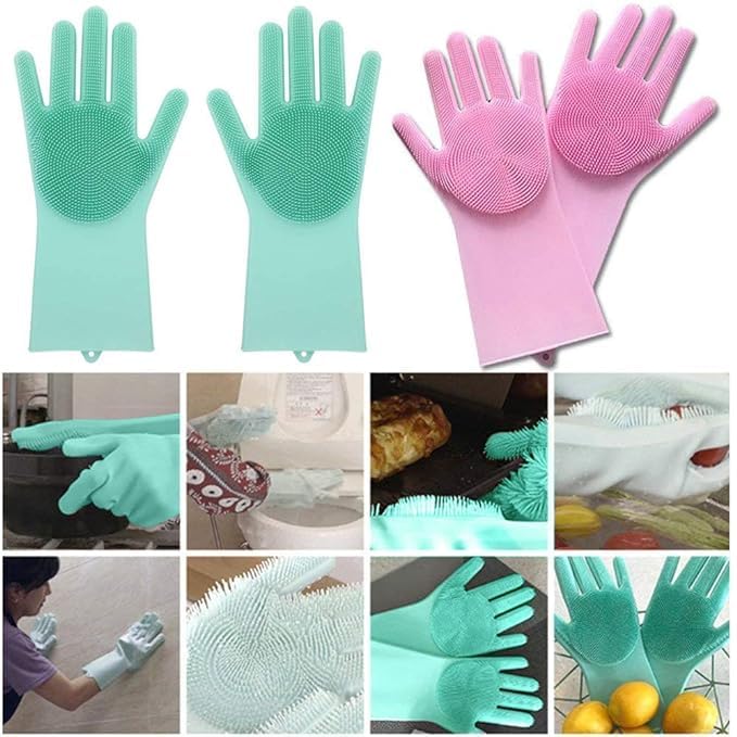 Maxxlite Silicone Reusable Heat Resistant Gloves with Wash Scrubber Kitchen Tool for Cleaning, Dish Washing, Washing The Car, Pet Hair Care -Pack of 1 Pair (Grey Color)