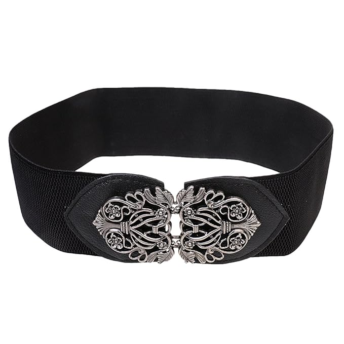 Maxxlite Womens Ladies PU Leather Wide Embellished Elastic Buckle Waist Belt- Black