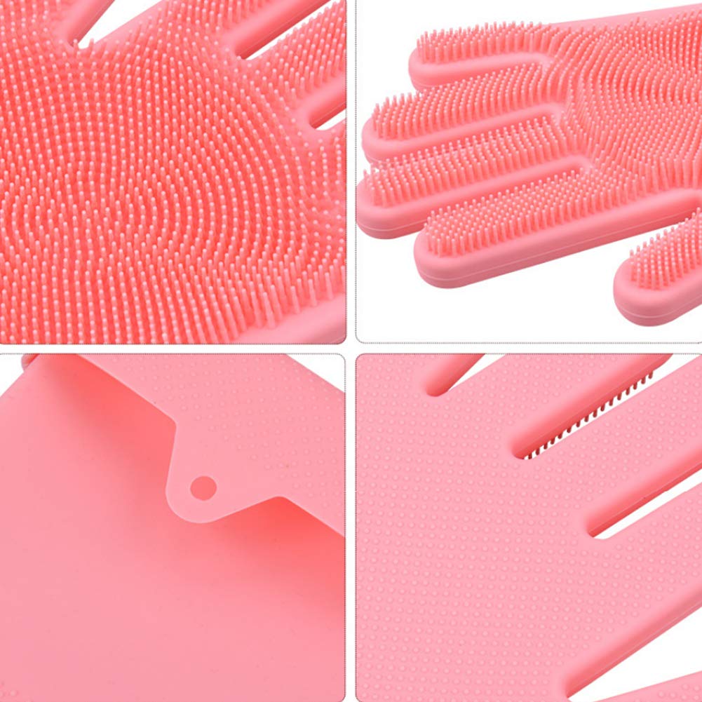 Maxxlite Silicone Dishwashing Multi-Function Reusable Scrubber Cleaning Gloves with Bristles for Kitchen/Bathroom/Pet (Pink, 1 Pair)