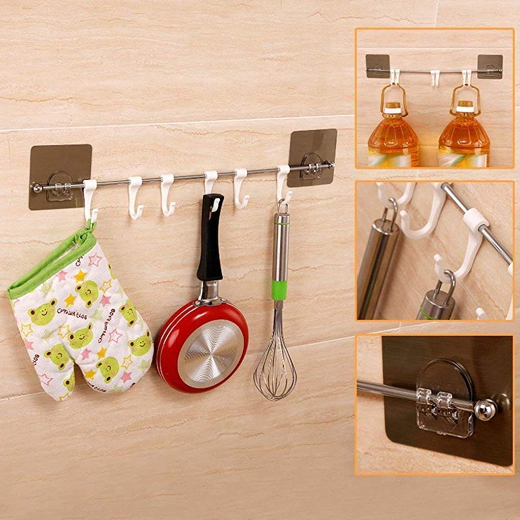 Maxxlite  Plastic ABS Stainless Steel Series Self Adhesive Bathroom Towel Rail Utensil Rack Kitchen Magic, Pack of 6 Hooks, White