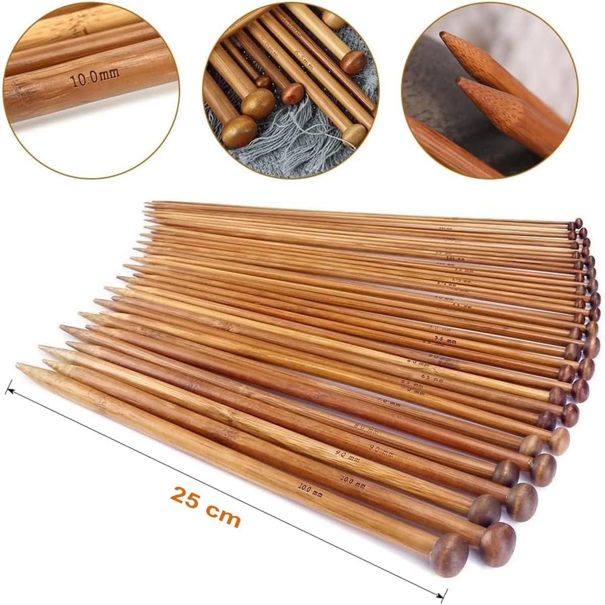 Maxxlite 36 pcs 18 Size Wood Knitting Needle Set 25cm or 35 cm Small to Large 2-10mm, Sturdy Round Blunt Yarn Knitting Needles Tool Kit
