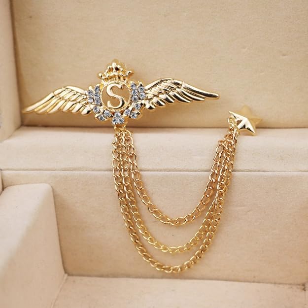 Maxxlite Imported Crystal Wing Star Lapel Pin Men Suit Shirt Corsage Collar Chain Brooch Gold