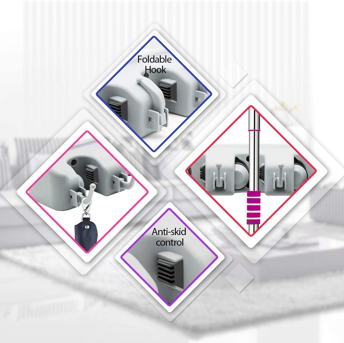 Maxxlite Mop Holder And Broom Holder 5 Slot Position With 6 Hooks Garage Holder Wall Mounted Unbreakable Hanging Utility, Mop Broom Cleaning Tool Holder (Grey Color) - Plastic, Bracket Shelf