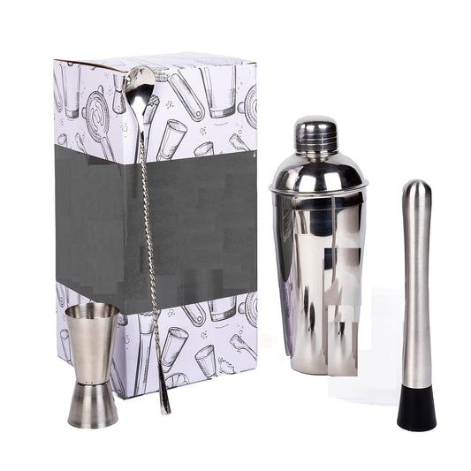 Maxxlite Bar Food Grade Stainless Steel 750ML Shaker, Stirrer, Spoon and 15/30ML Measuring Cup Cocktail Bartender 4 Piece Set Boxed (Boxes can be Different)