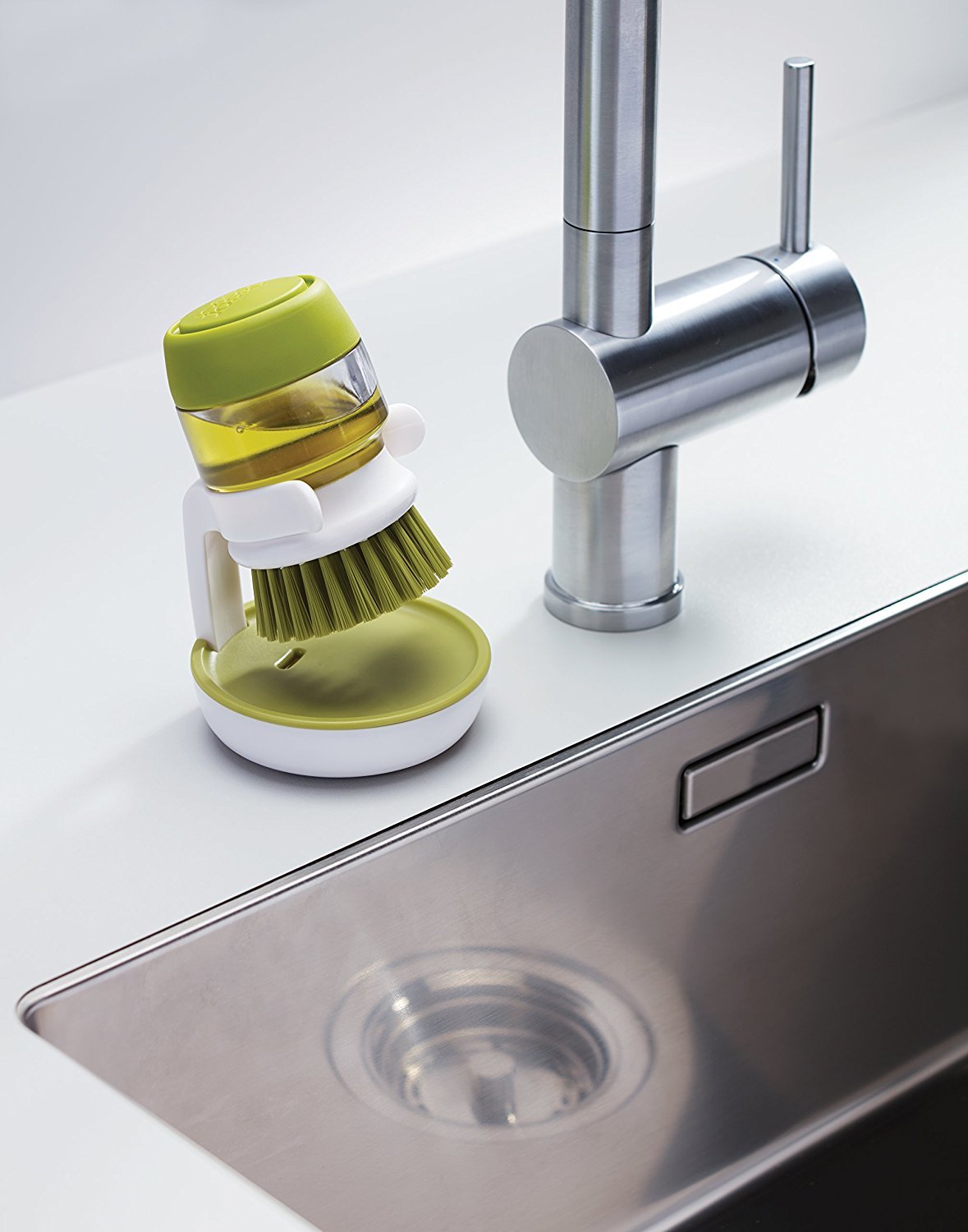 Maxxlite Soap Dispensing Palm Kitchen Cleaning,Plastic Hand-held Cleaning Brush with Storage Container Stand (Green)