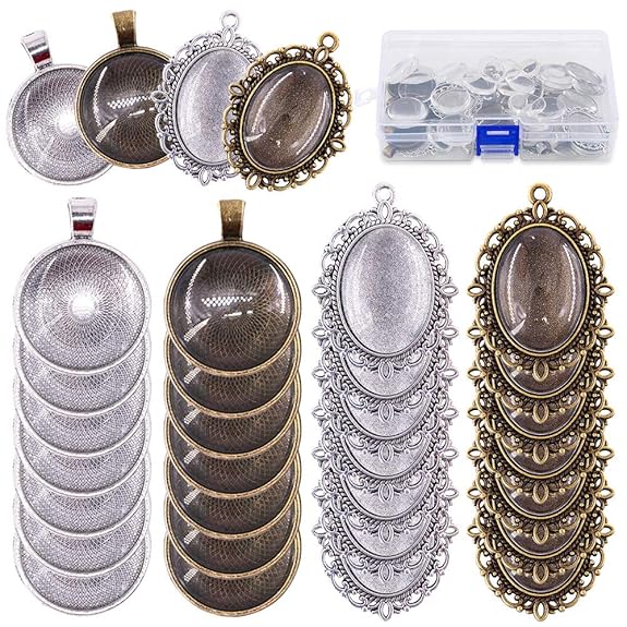 Maxxlite 64-Pieces Pendant Set, 16Pcs Oval Pendant Trays and 16Pcs Round Bezels with 32Pcs Glass Cabochon Round Clear Dome Tiles for Crafting DIY Jewelry Making