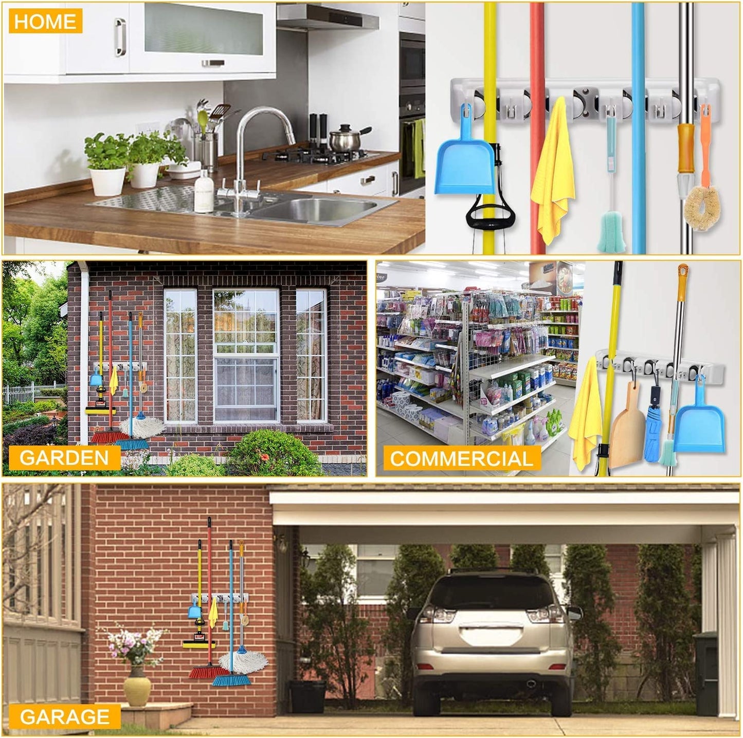 Maxxlite Mop Holder And Broom Holder 5 Slot Position With 6 Hooks Garage Holder Wall Mounted Unbreakable Hanging Utility, Mop Broom Cleaning Tool Holder (Grey Color) - Plastic, Bracket Shelf