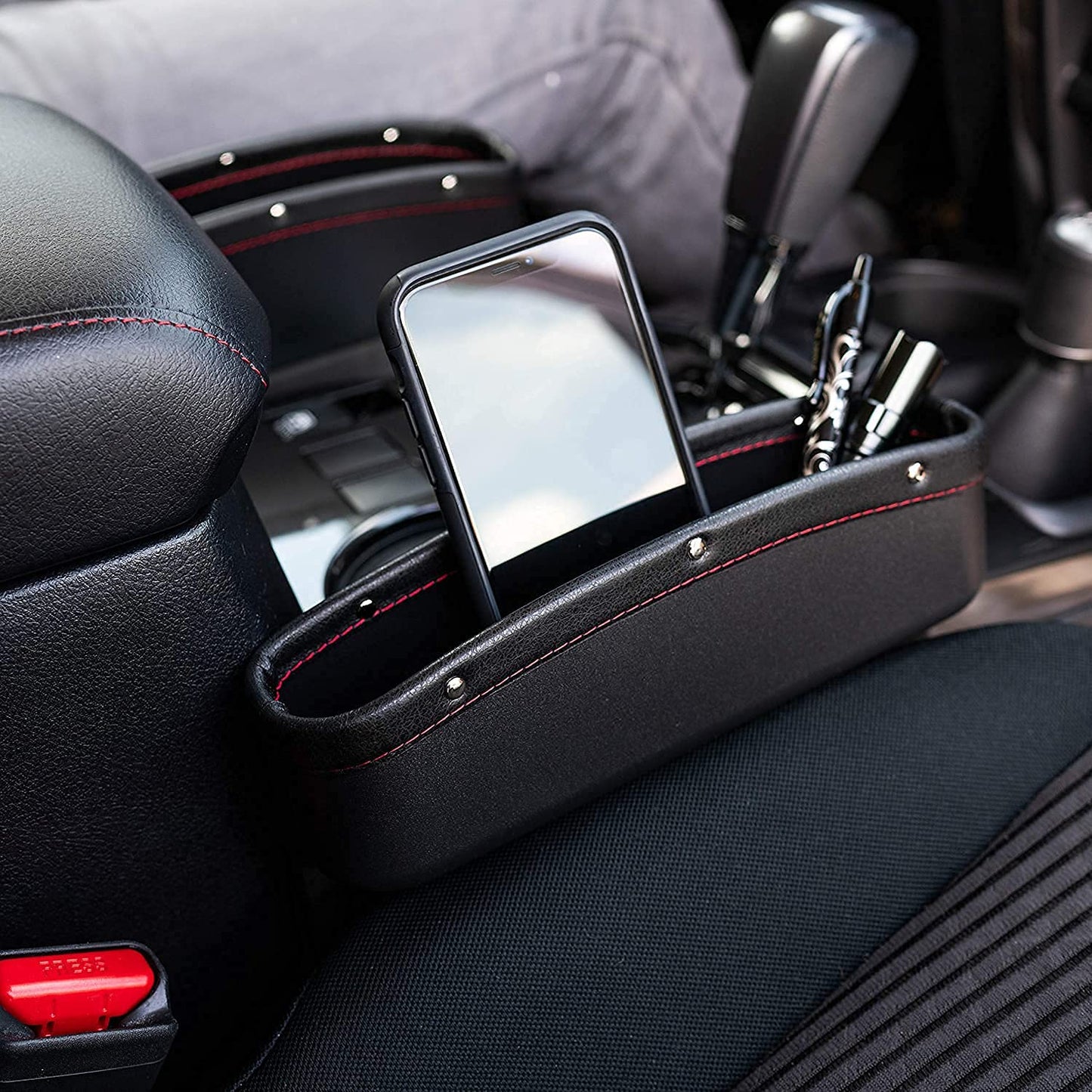 Maxxlite PU Leather Car Side Organizer Seat Gap Filler Catch Caddy Side Seat Pocket Console Storage Box Holder for Wallet, Mobile, Coins, Cards, Key Catcher (Black) 1PC