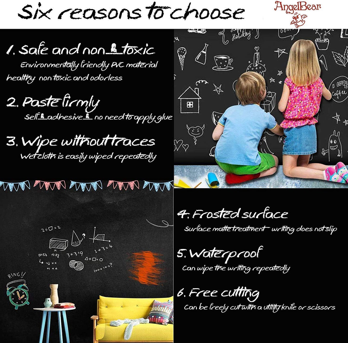 Maxxlite Black Board (45x200cm) Wall Sticker Removable Decal Chalkboard with 5 Chalks for Home School Office College Room Kitchen Kids